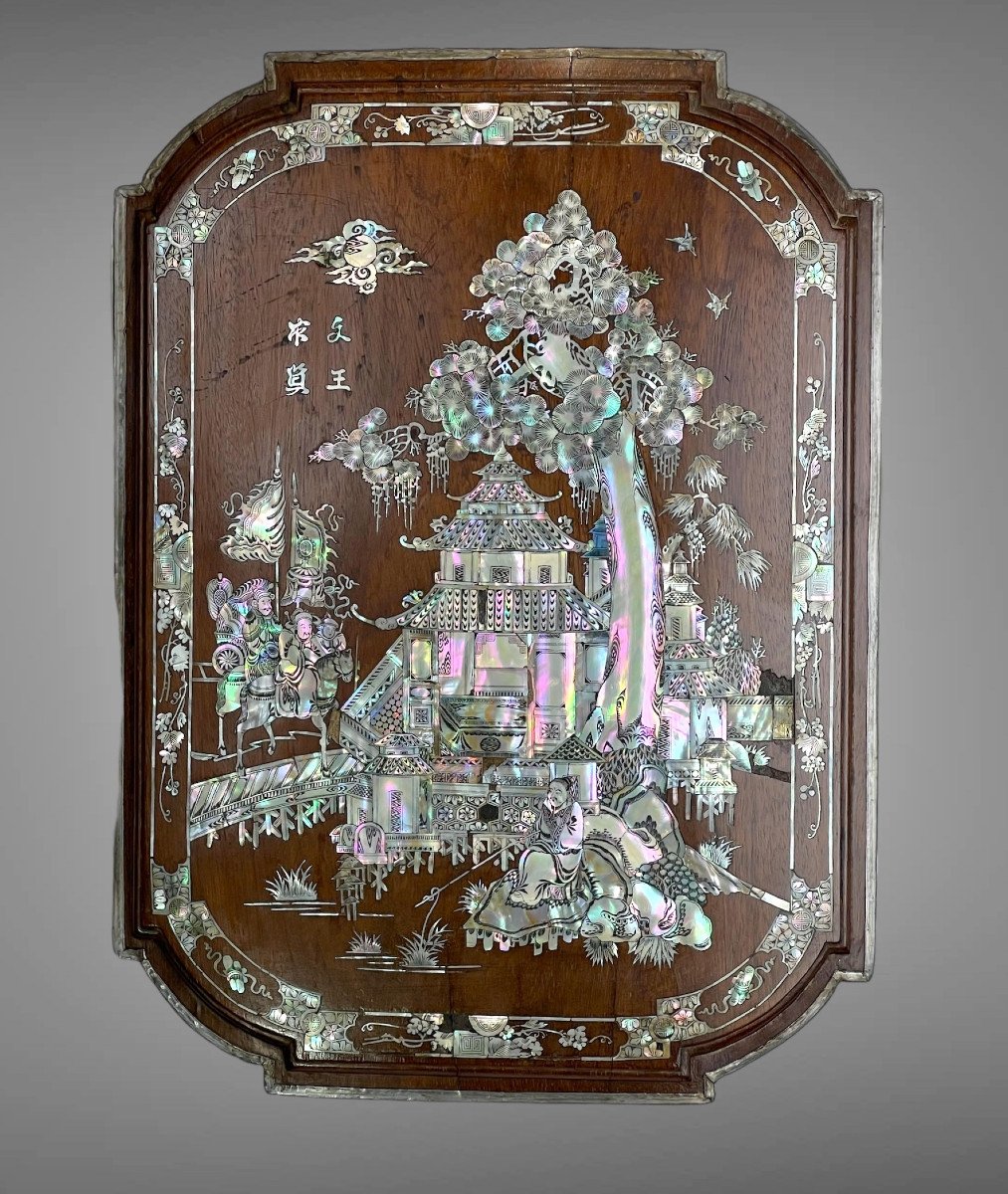 Old Wooden Panel Decorated With Mother-of-pearl Inlays "sinner" Indochina