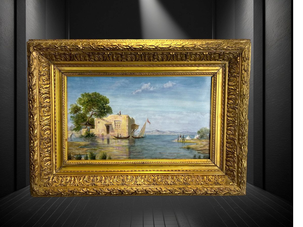 Painting / Painting On Ceramic Plate "oriental Lake Scene" Framed-photo-2