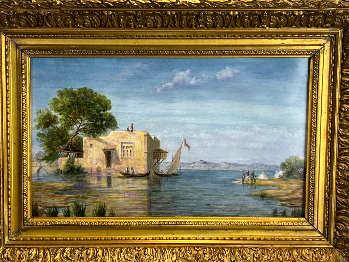 Painting / Painting On Ceramic Plate "oriental Lake Scene" Framed-photo-3