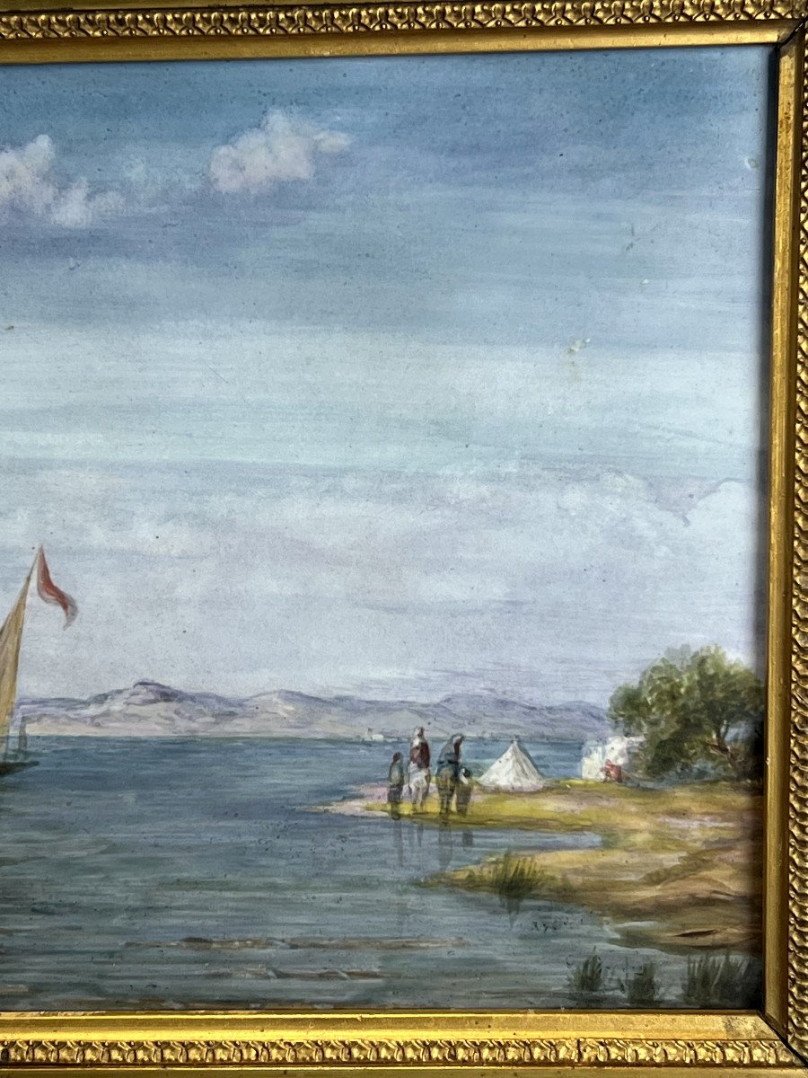 Painting / Painting On Ceramic Plate "oriental Lake Scene" Framed-photo-1