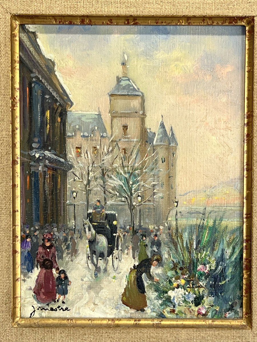 Painting / Oil On Canvas Signed By J. Mestre 20th Century View Of Paris Flower Market-photo-4