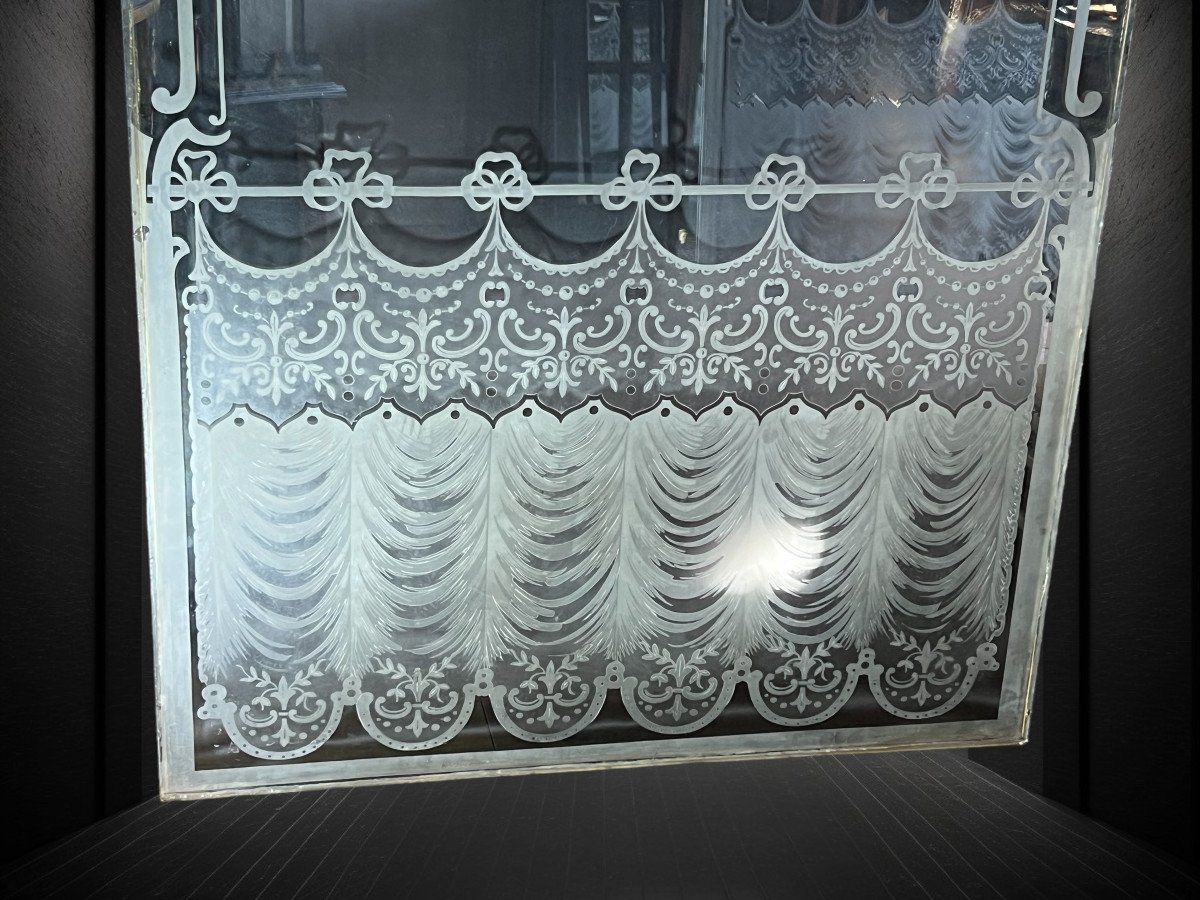 Large Pair Of Antique Bistro Windows In Frosted And Acid Etched Glass-photo-1