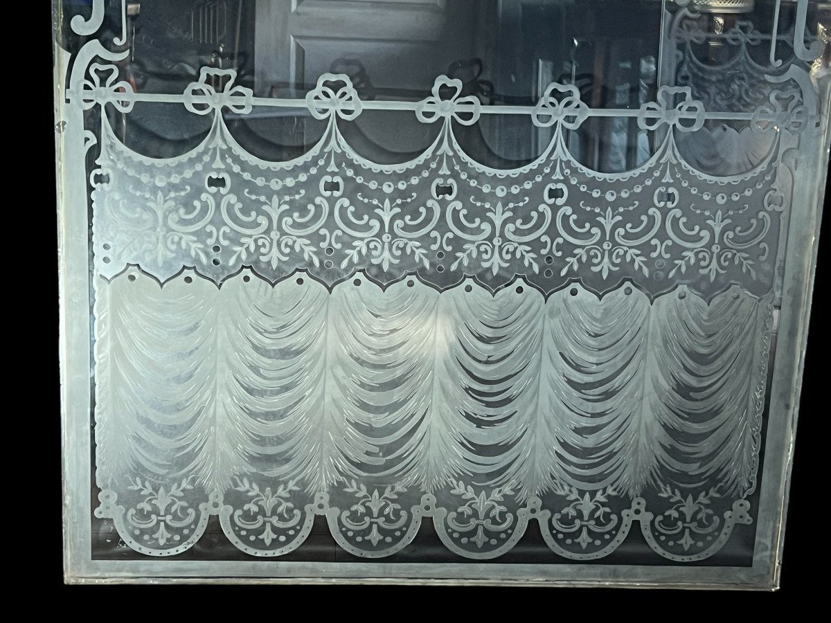 Large Pair Of Antique Bistro Windows In Frosted And Acid Etched Glass-photo-7