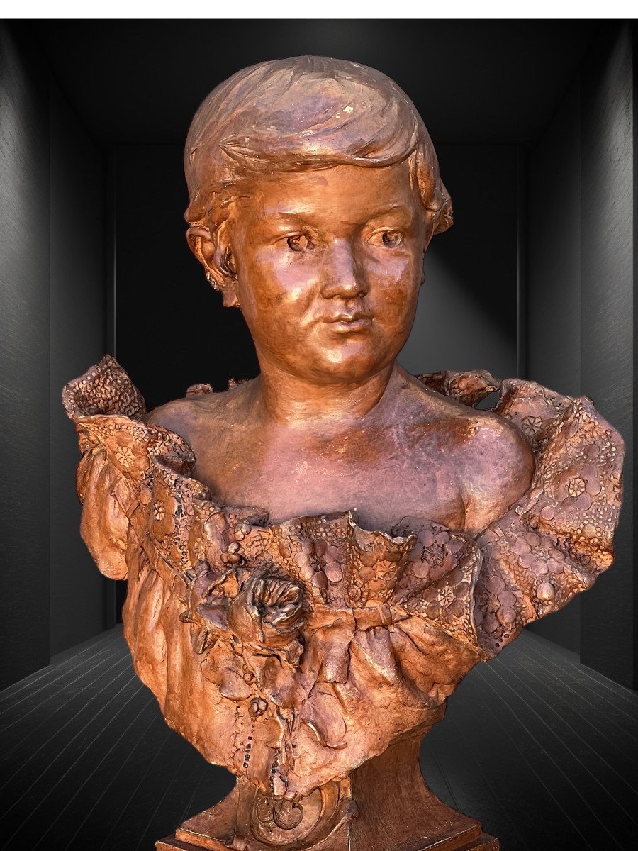 Bust Of A Young Woman In Terracotta On A Wooden Base Signed "a. Channeboux"-photo-3