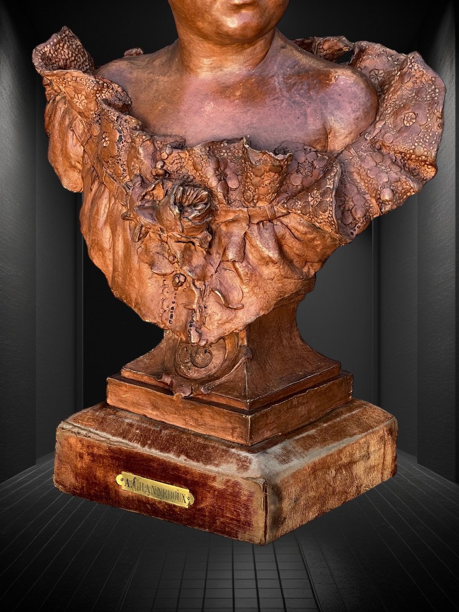 Bust Of A Young Woman In Terracotta On A Wooden Base Signed "a. Channeboux"-photo-4