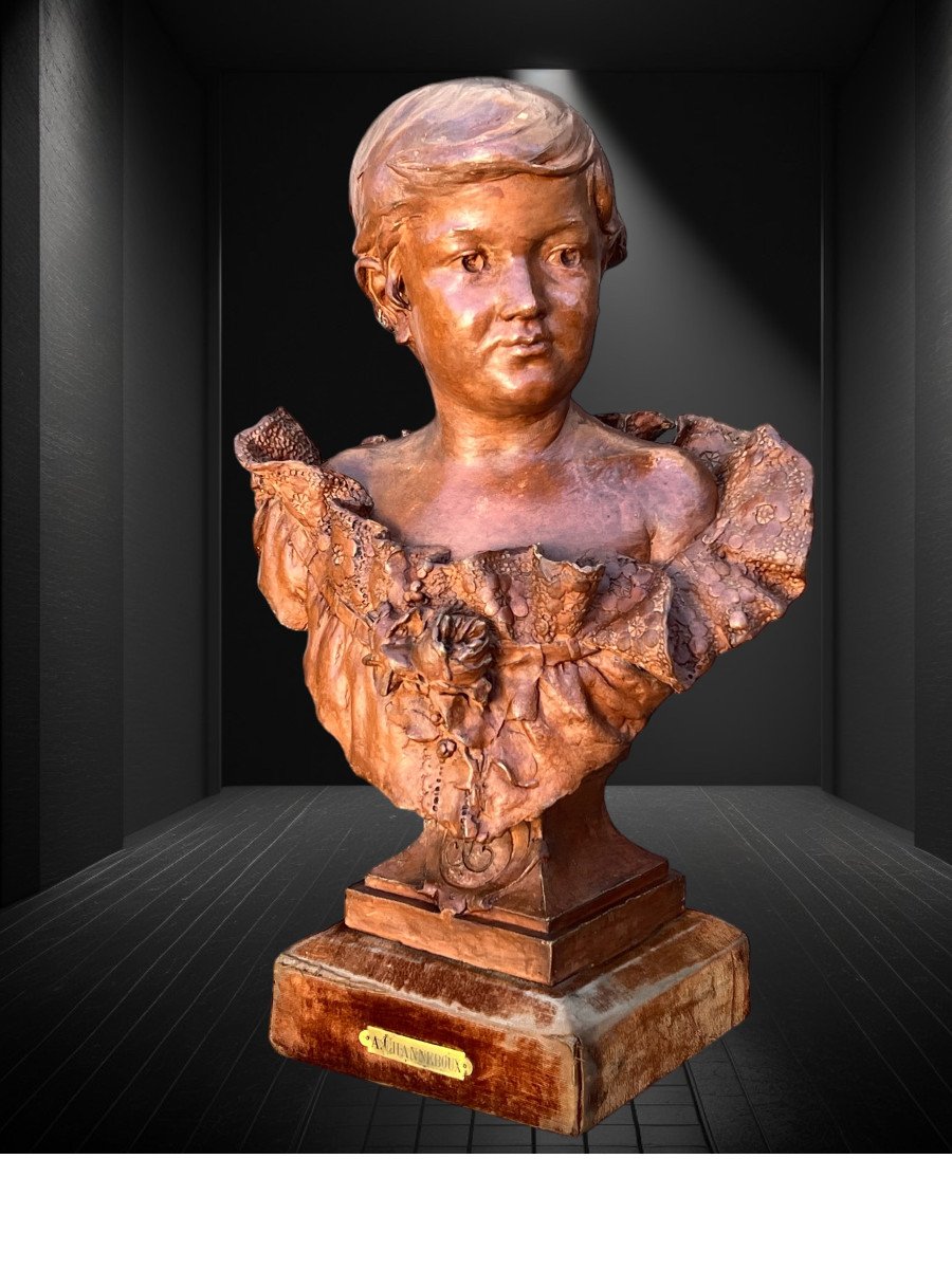 Bust Of A Young Woman In Terracotta On A Wooden Base Signed "a. Channeboux"-photo-8