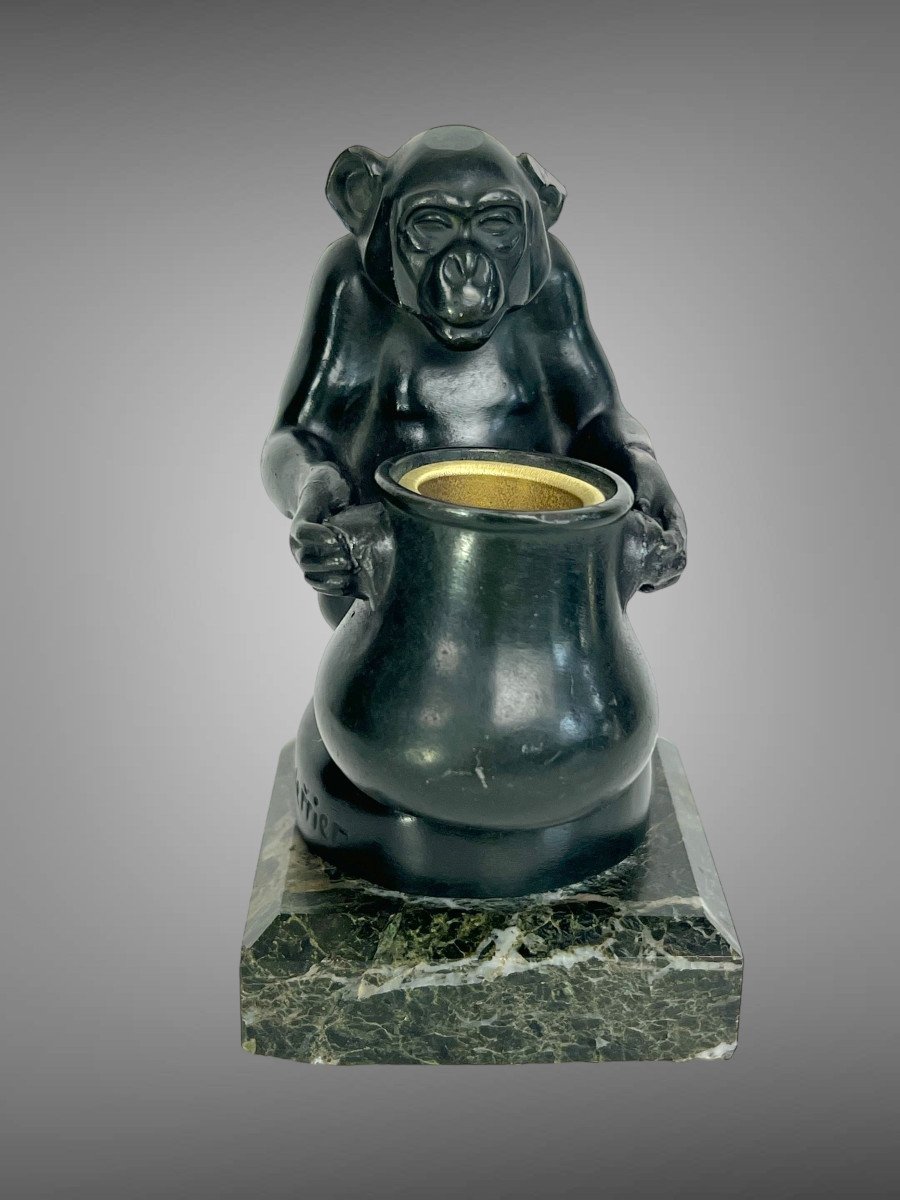 Max Le Verrier (1891-1973) Monkey Pencil Holder Signed In Metal Green Patina-photo-2