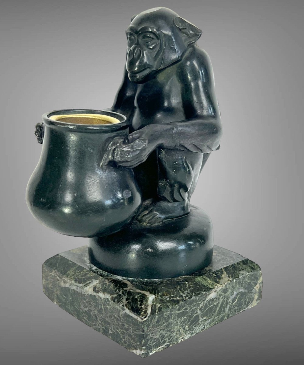 Max Le Verrier (1891-1973) Monkey Pencil Holder Signed In Metal Green Patina-photo-3