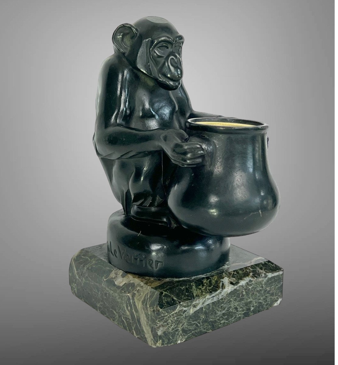 Max Le Verrier (1891-1973) Monkey Pencil Holder Signed In Metal Green Patina