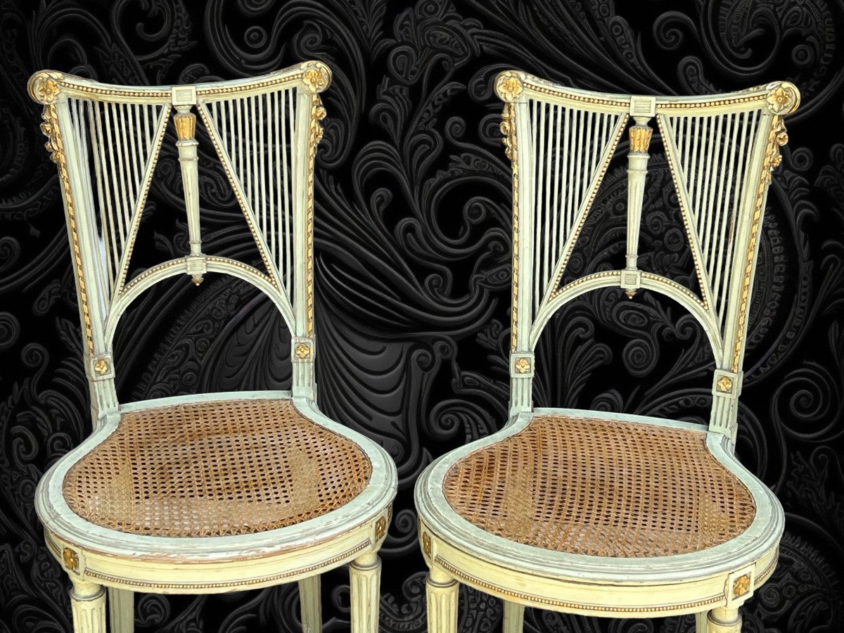 Paire De Chaises En Bois Des Années 1900 Peint En Vert Et Doré Style Louis XVI-photo-3