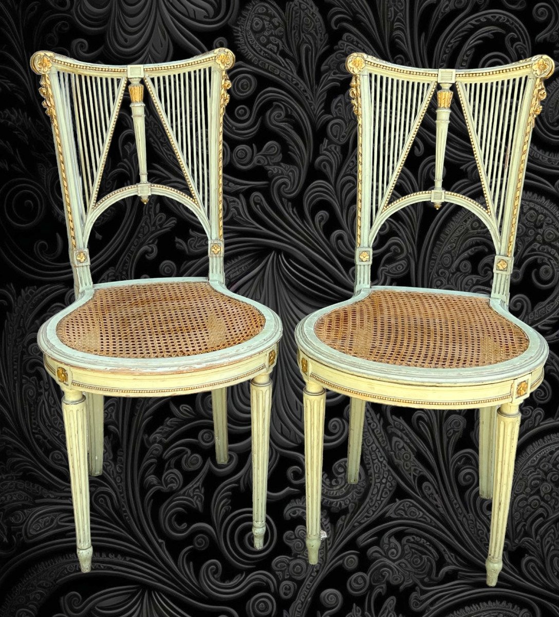 Paire De Chaises En Bois Des Années 1900 Peint En Vert Et Doré Style Louis XVI-photo-4