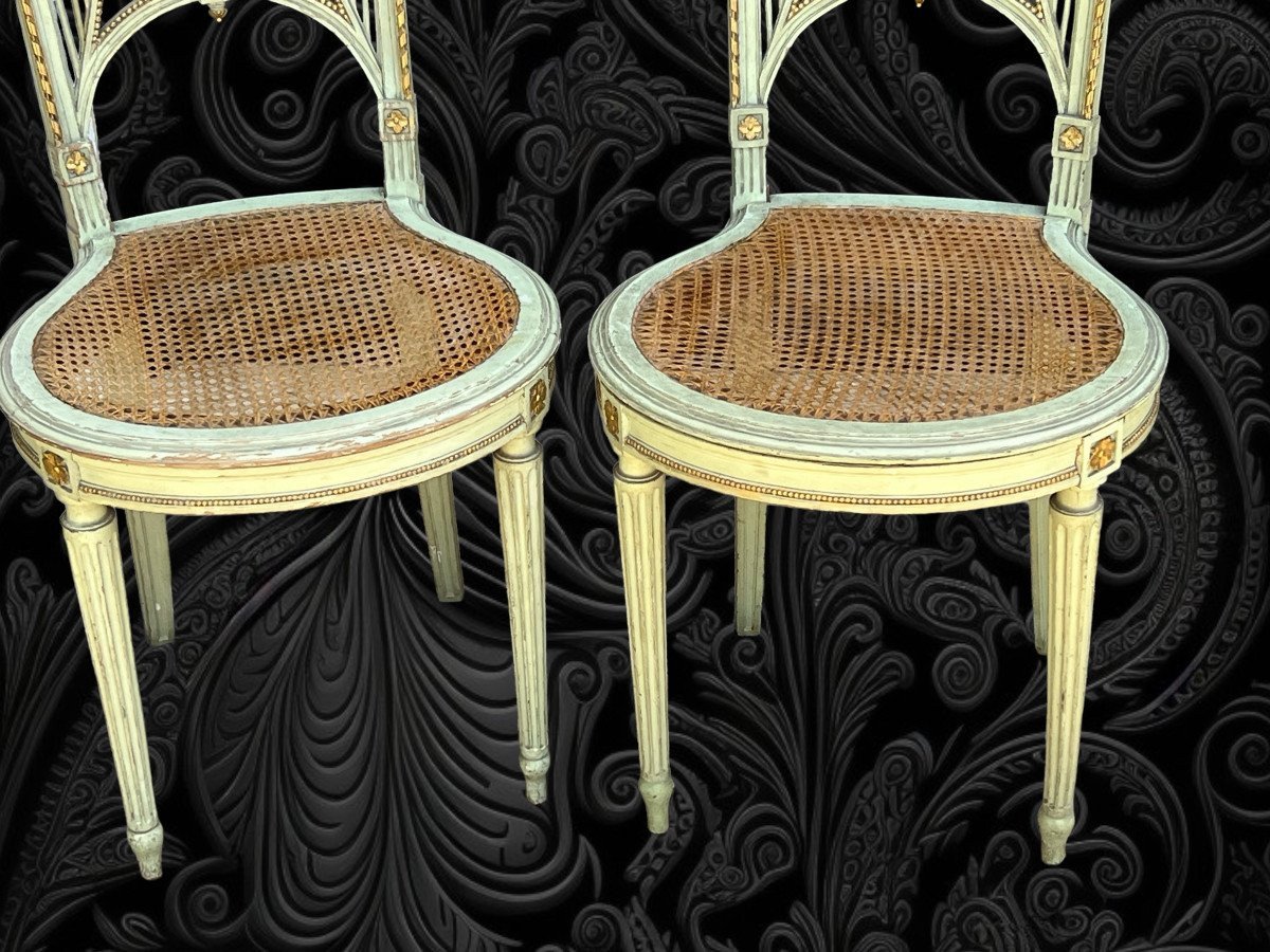 Paire De Chaises En Bois Des Années 1900 Peint En Vert Et Doré Style Louis XVI-photo-3