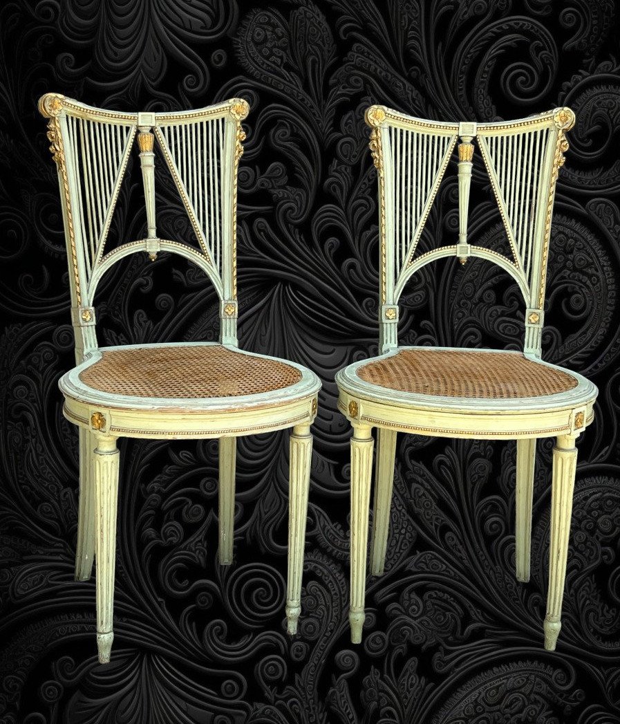 Paire De Chaises En Bois Des Années 1900 Peint En Vert Et Doré Style Louis XVI