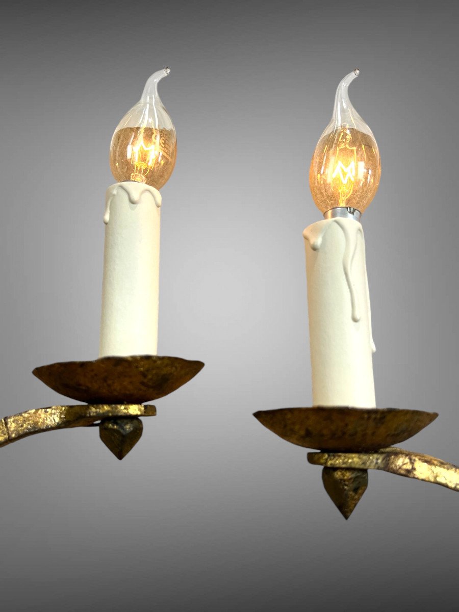 Pair Of Wall Lights By Robert And Roger Thibier 20th Century In Hammered And Gilded Iron-photo-5