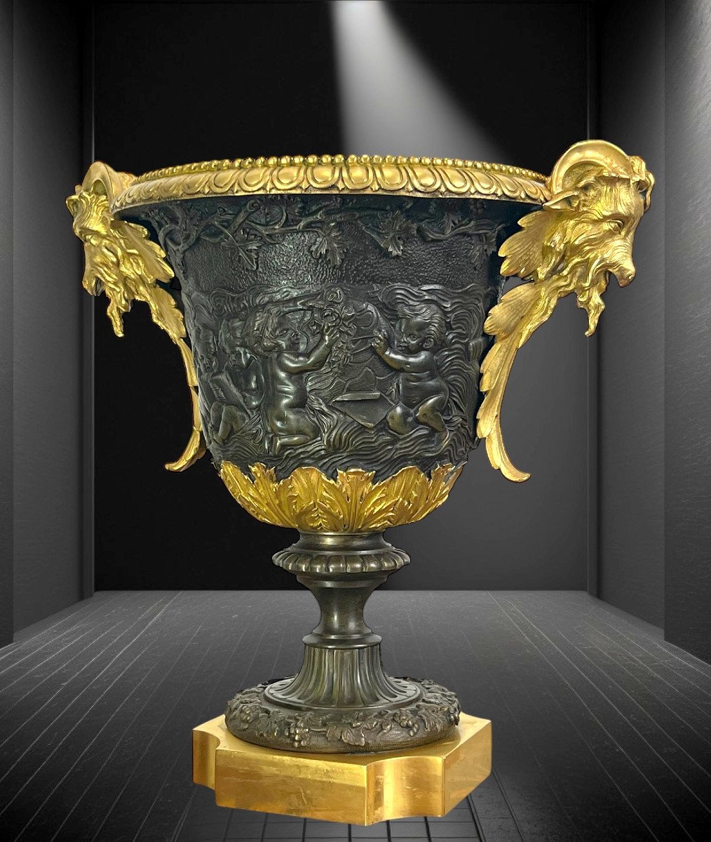 Coupe XIXe Empire En Bronze Patiné Et Doré A Décor De Putti Et Tête De Bélier-photo-2