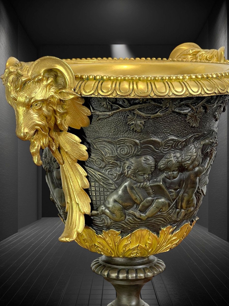 Coupe XIXe Empire En Bronze Patiné Et Doré A Décor De Putti Et Tête De Bélier-photo-1