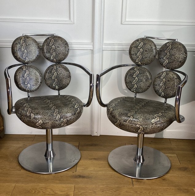 Pair Of Italian Swivel Armchairs In Chromed Metal And Imitation Piton Fabric-photo-2