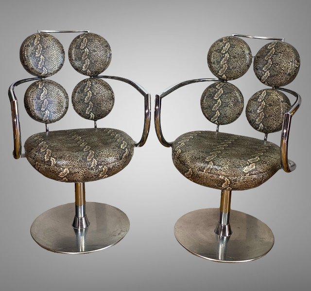 Pair Of Italian Swivel Armchairs In Chromed Metal And Imitation Piton Fabric-photo-3