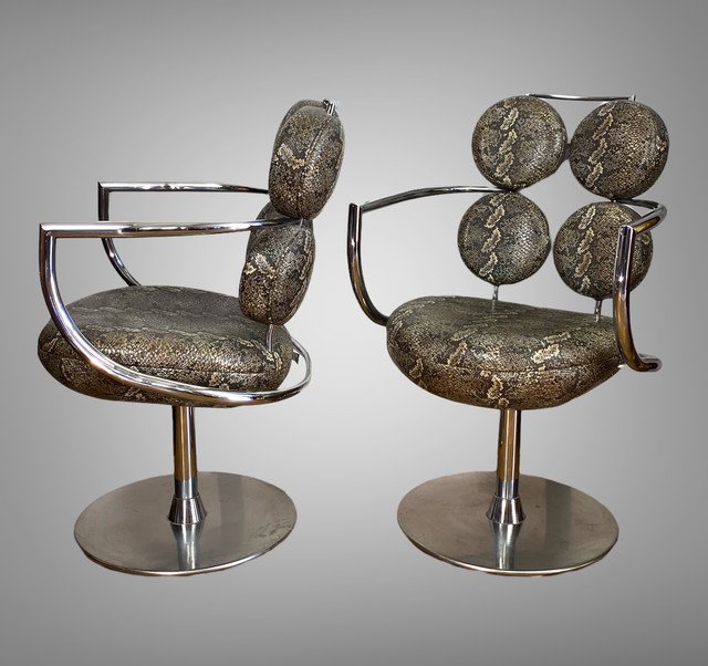 Pair Of Italian Swivel Armchairs In Chromed Metal And Imitation Piton Fabric-photo-4