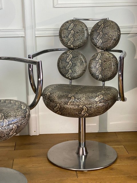 Pair Of Italian Swivel Armchairs In Chromed Metal And Imitation Piton Fabric-photo-1