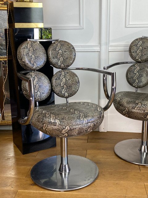 Pair Of Italian Swivel Armchairs In Chromed Metal And Imitation Piton Fabric-photo-2