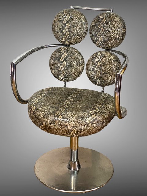 Pair Of Italian Swivel Armchairs In Chromed Metal And Imitation Piton Fabric-photo-8