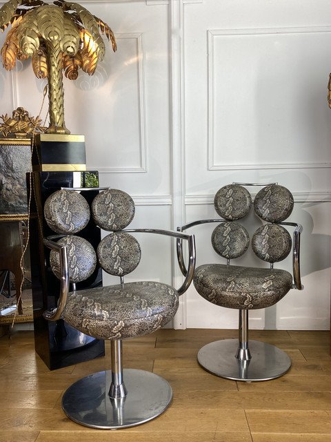 Pair Of Italian Swivel Armchairs In Chromed Metal And Imitation Piton Fabric