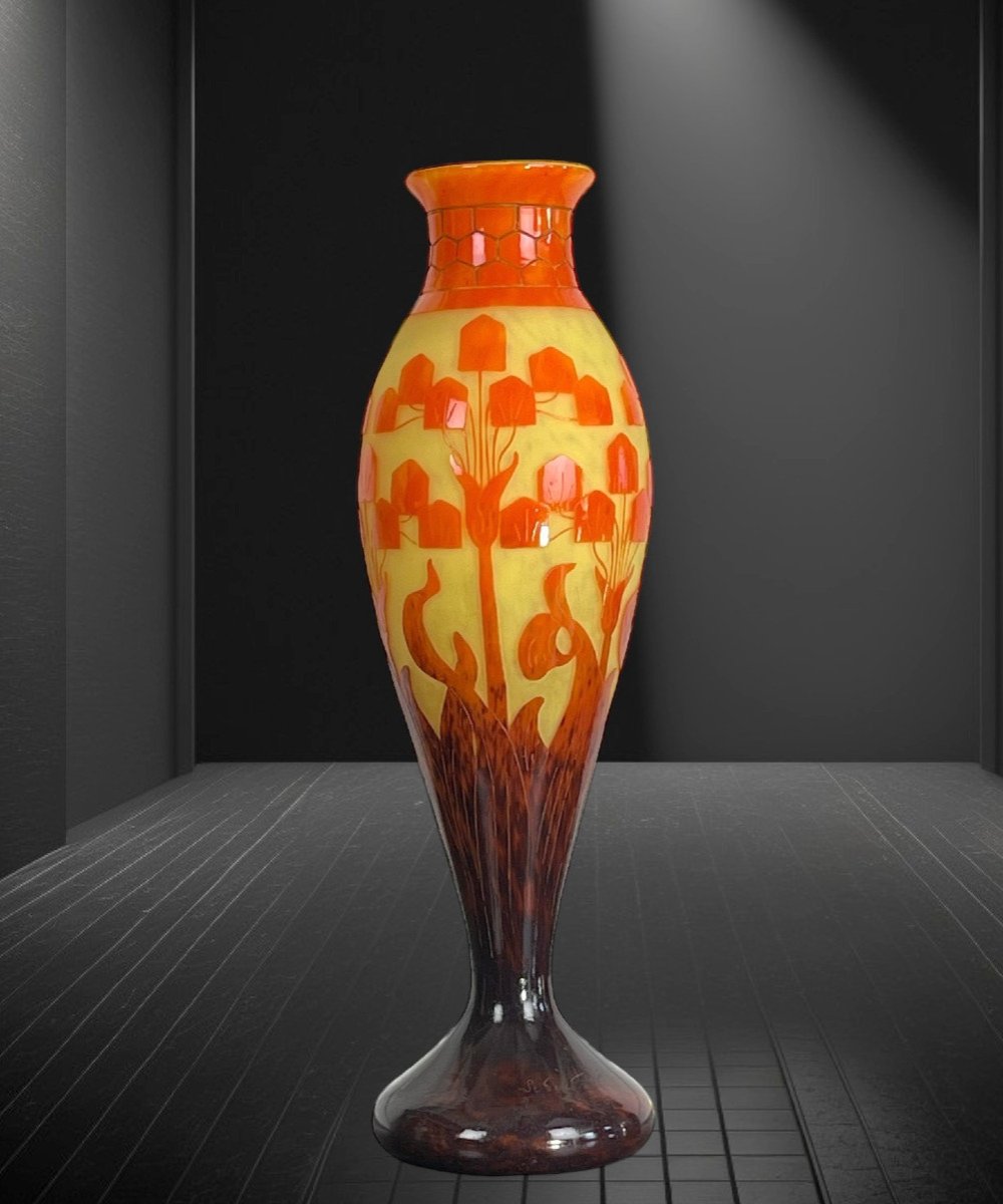 Large Baluster Vase Signed Le Verre Francais /schneider Decorated With Floral Motifs-photo-2