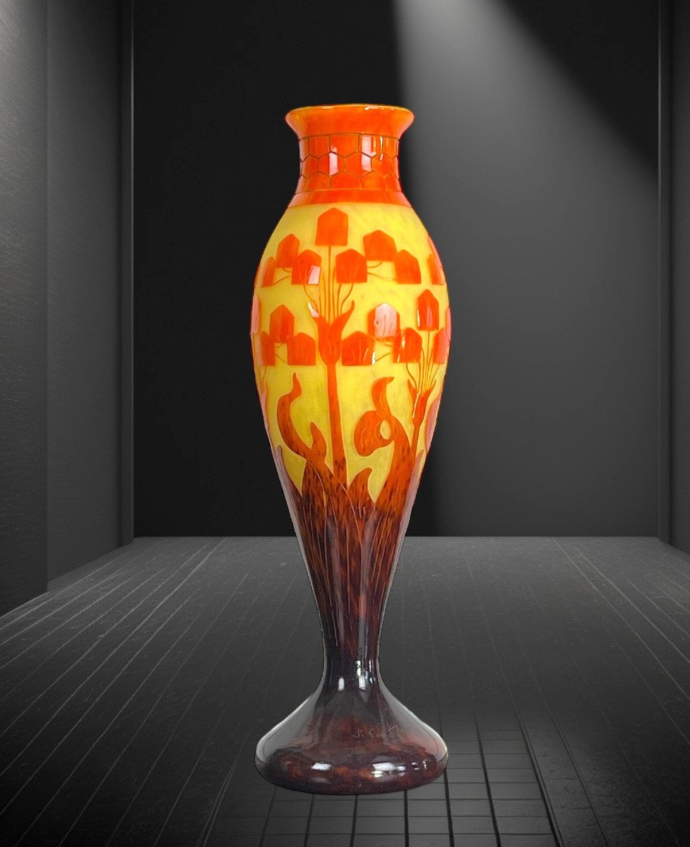 Large Baluster Vase Signed Le Verre Francais /schneider Decorated With Floral Motifs-photo-3