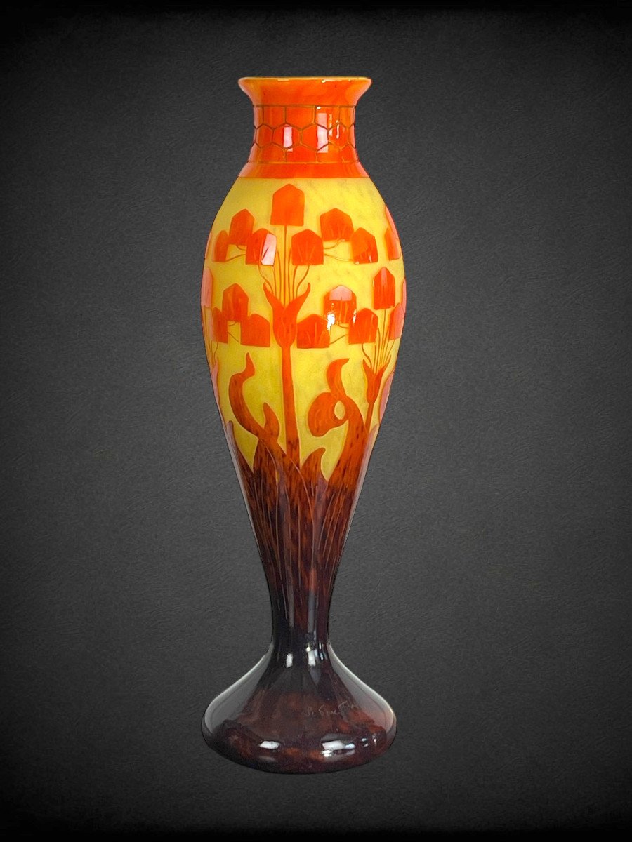 Large Baluster Vase Signed Le Verre Francais /schneider Decorated With Floral Motifs-photo-1