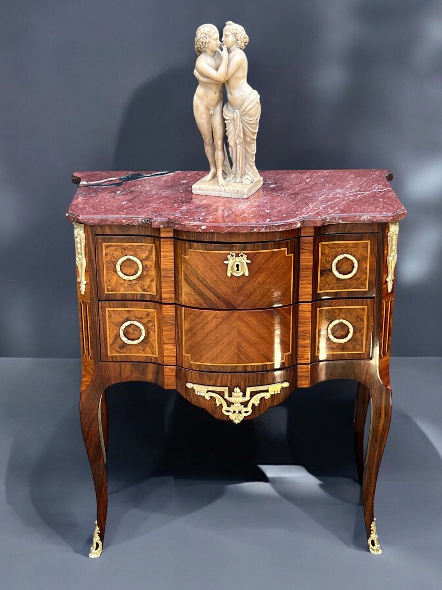 Antique 19th Century Marquetry Chest Of Drawers With Transition Style Marble Top-photo-2