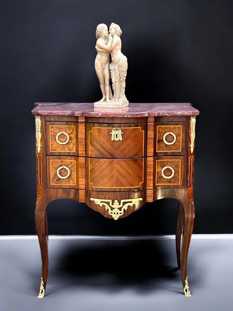 Antique 19th Century Marquetry Chest Of Drawers With Transition Style Marble Top-photo-3