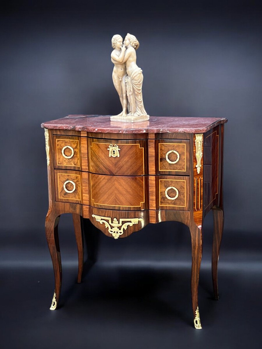 Antique 19th Century Marquetry Chest Of Drawers With Transition Style Marble Top-photo-4