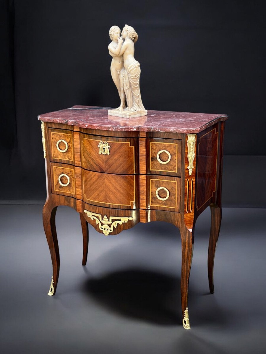 Antique 19th Century Marquetry Chest Of Drawers With Transition Style Marble Top-photo-1