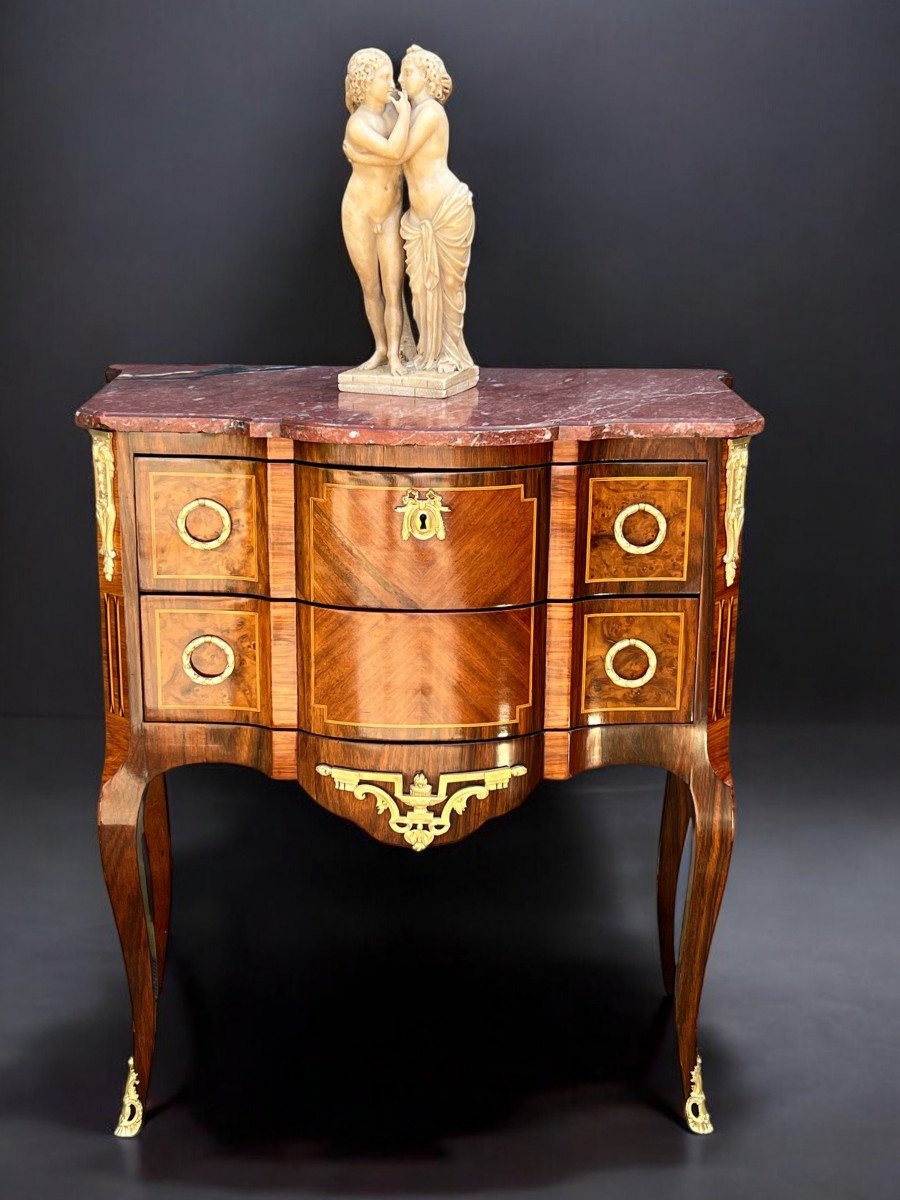 Antique 19th Century Marquetry Chest Of Drawers With Transition Style Marble Top-photo-2