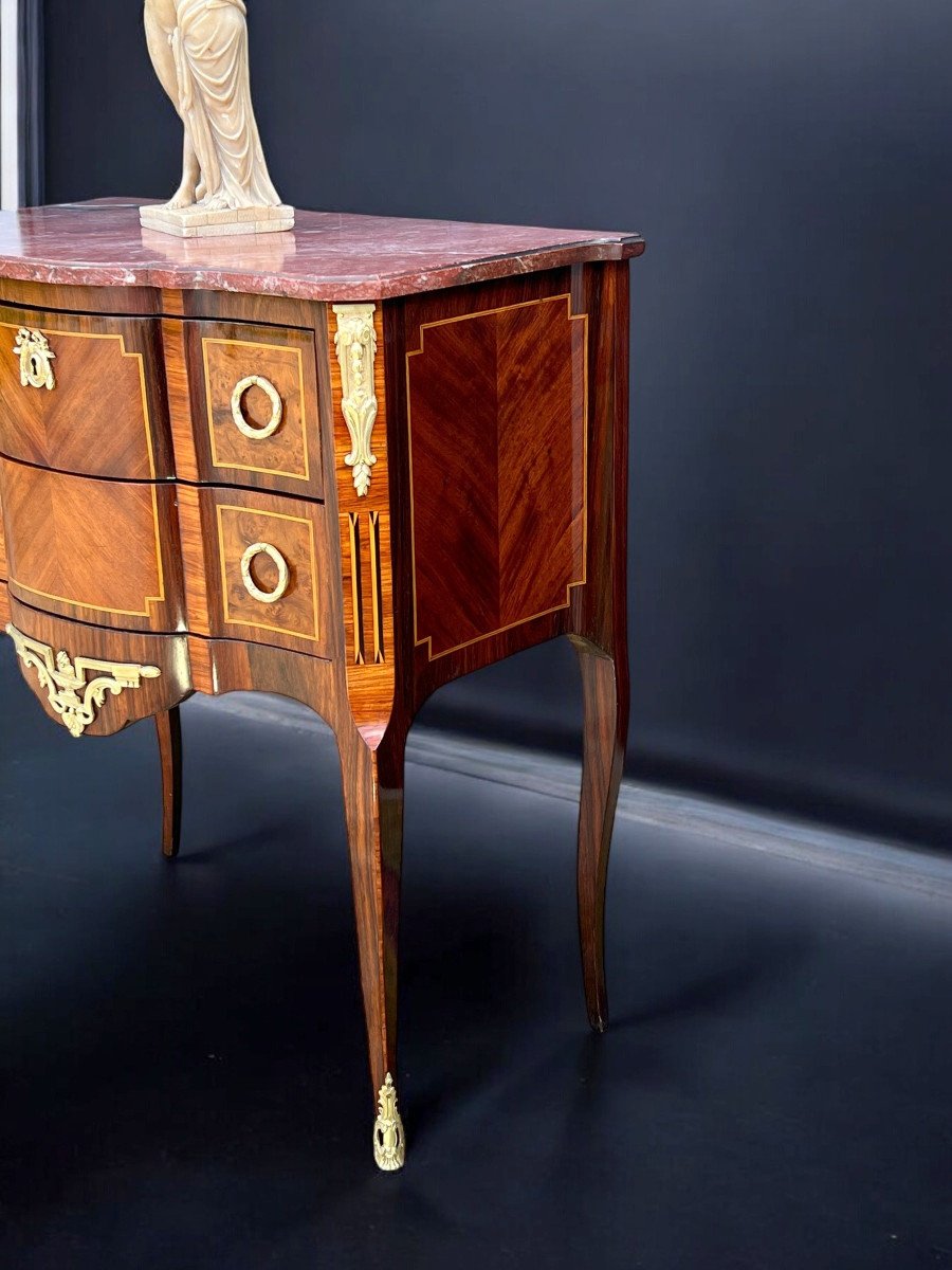 Antique 19th Century Marquetry Chest Of Drawers With Transition Style Marble Top-photo-3