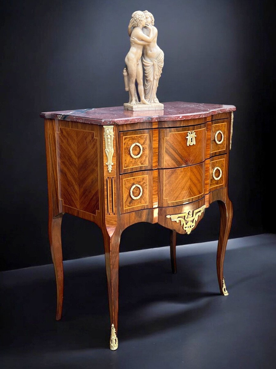 Antique 19th Century Marquetry Chest Of Drawers With Transition Style Marble Top-photo-4