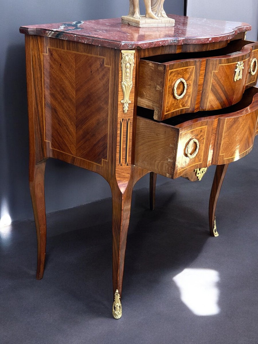 Antique 19th Century Marquetry Chest Of Drawers With Transition Style Marble Top-photo-5