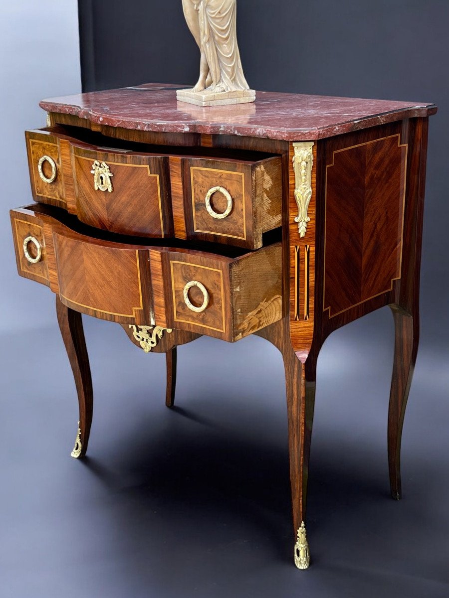 Antique 19th Century Marquetry Chest Of Drawers With Transition Style Marble Top-photo-6