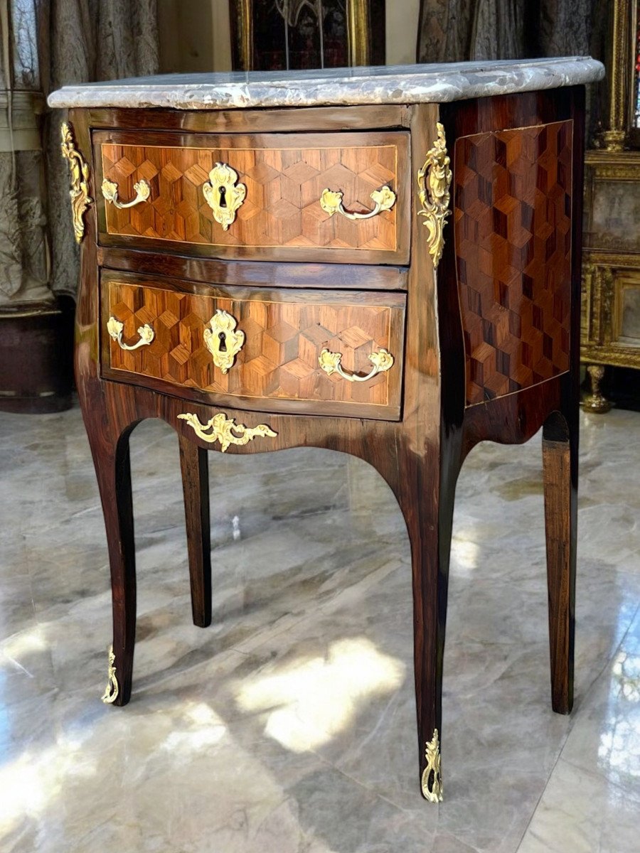 18th Century Louis XV Period Chest Of Drawers In Marquetry Decorated With Bronze / Marble Top-photo-2