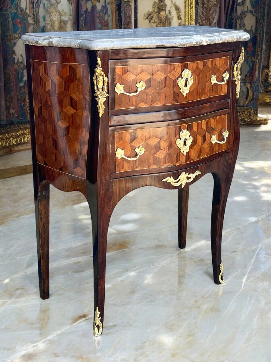 18th Century Louis XV Period Chest Of Drawers In Marquetry Decorated With Bronze / Marble Top-photo-3