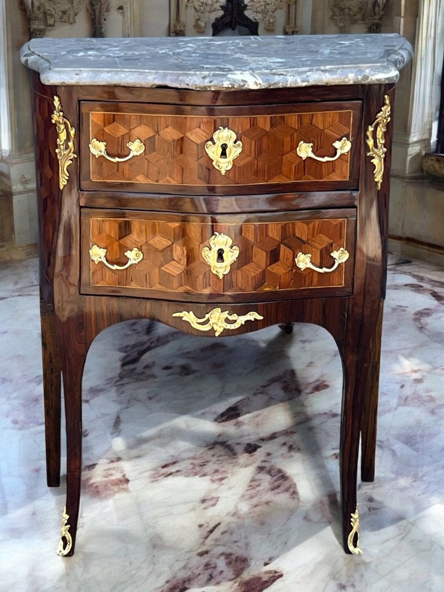 18th Century Louis XV Period Chest Of Drawers In Marquetry Decorated With Bronze / Marble Top-photo-4