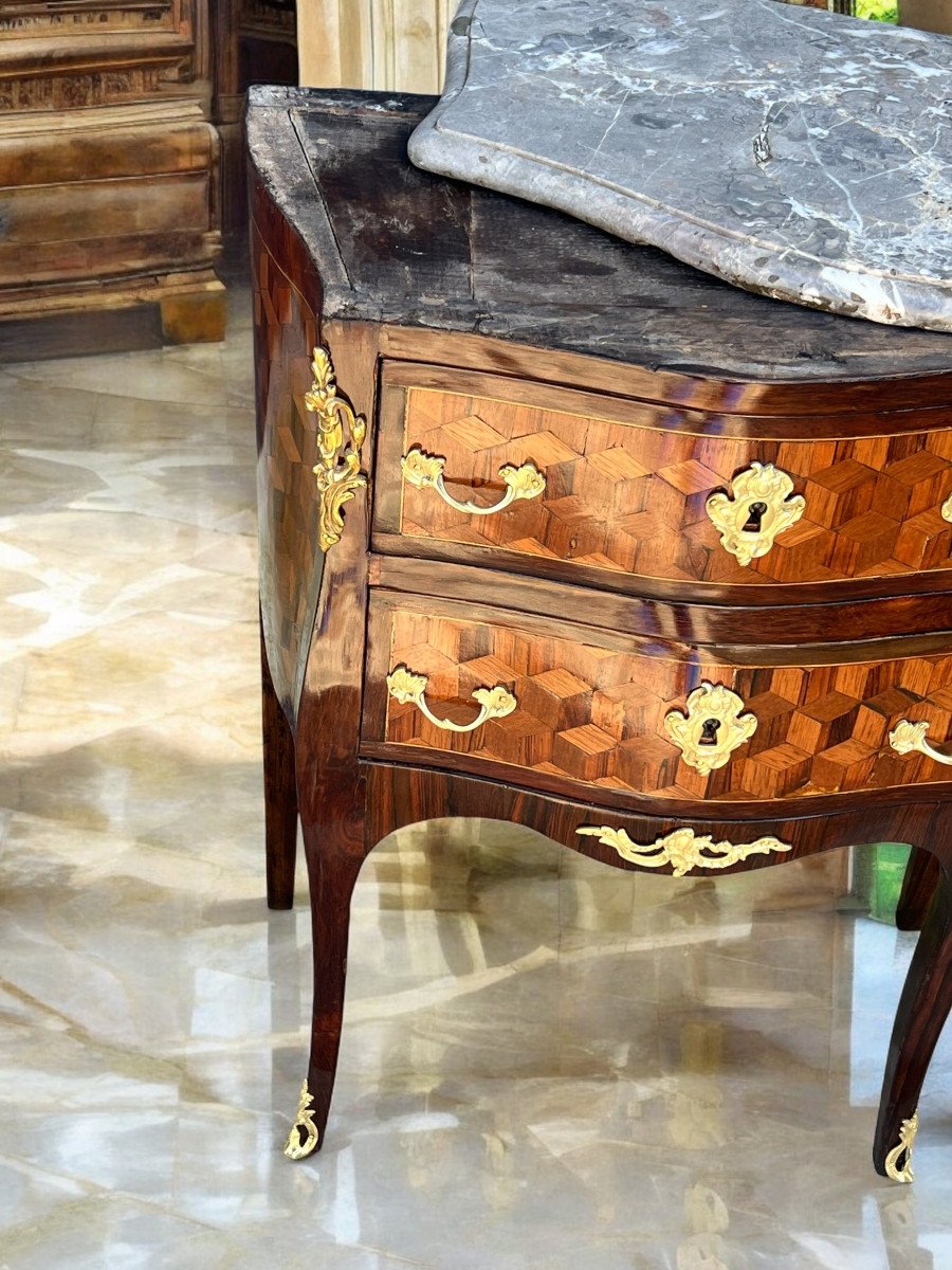 18th Century Louis XV Period Chest Of Drawers In Marquetry Decorated With Bronze / Marble Top-photo-4