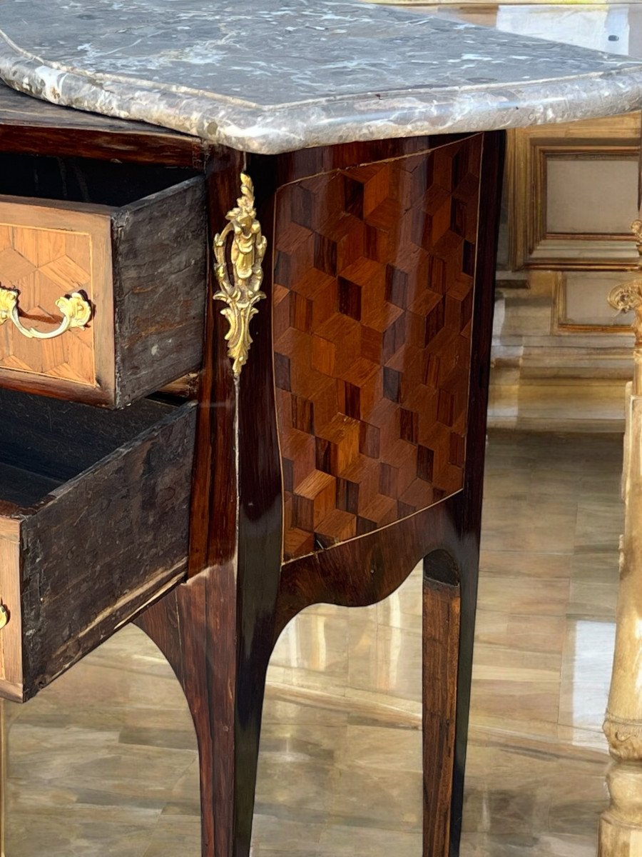 18th Century Louis XV Period Chest Of Drawers In Marquetry Decorated With Bronze / Marble Top-photo-5