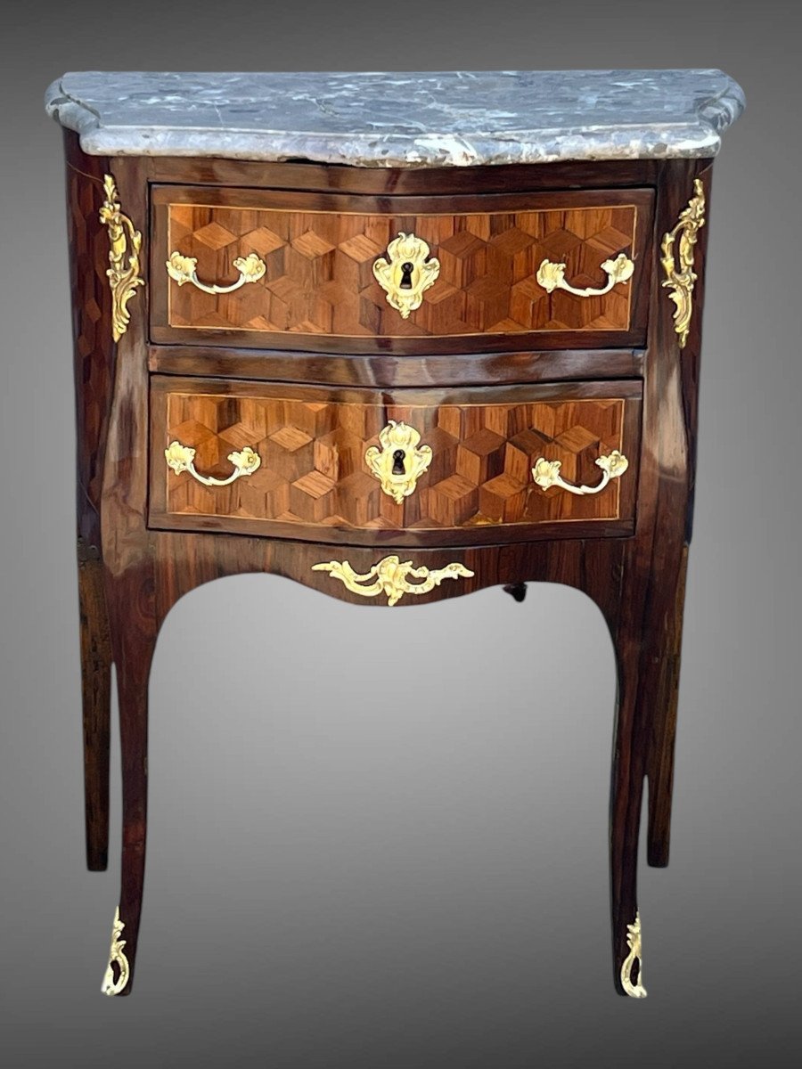 18th Century Louis XV Period Chest Of Drawers In Marquetry Decorated With Bronze / Marble Top-photo-8