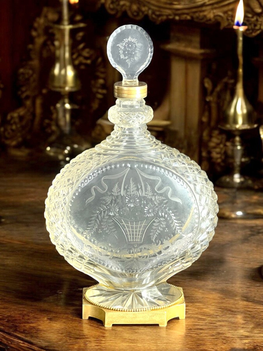 Grande Carafe Victorienne En Verre De Taille Intaglio ( Circa 1890 ) Et Bronze-photo-2