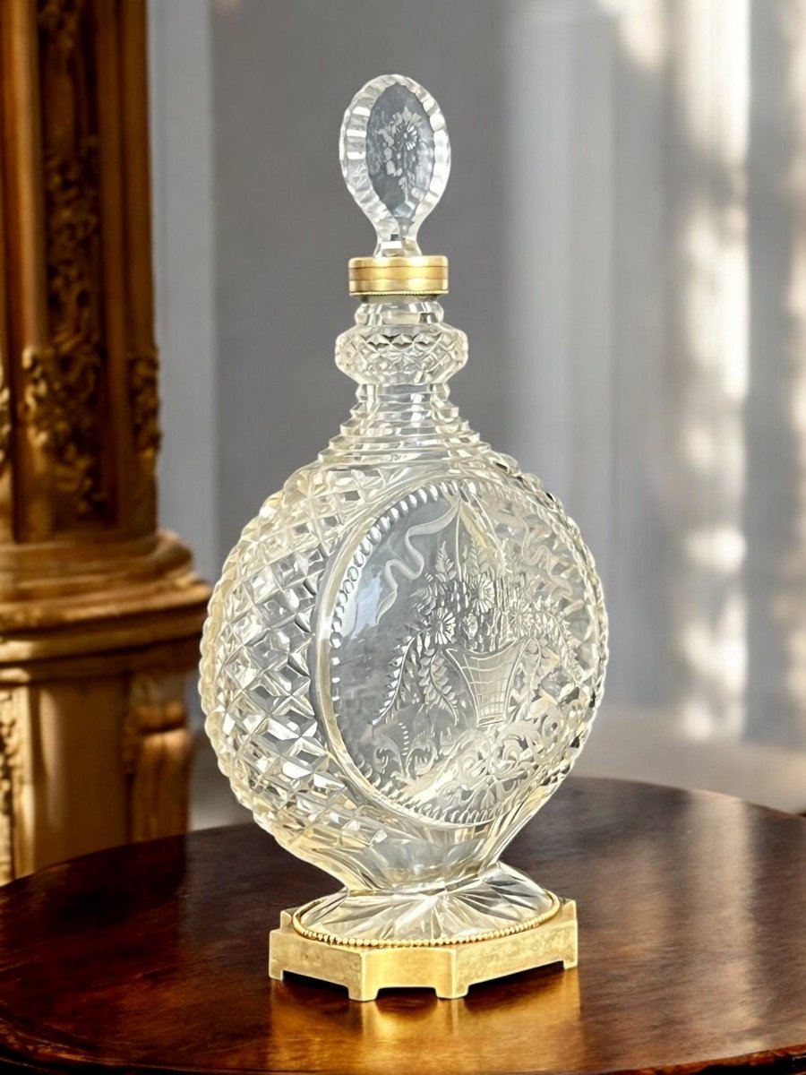 Grande Carafe Victorienne En Verre De Taille Intaglio ( Circa 1890 ) Et Bronze-photo-4