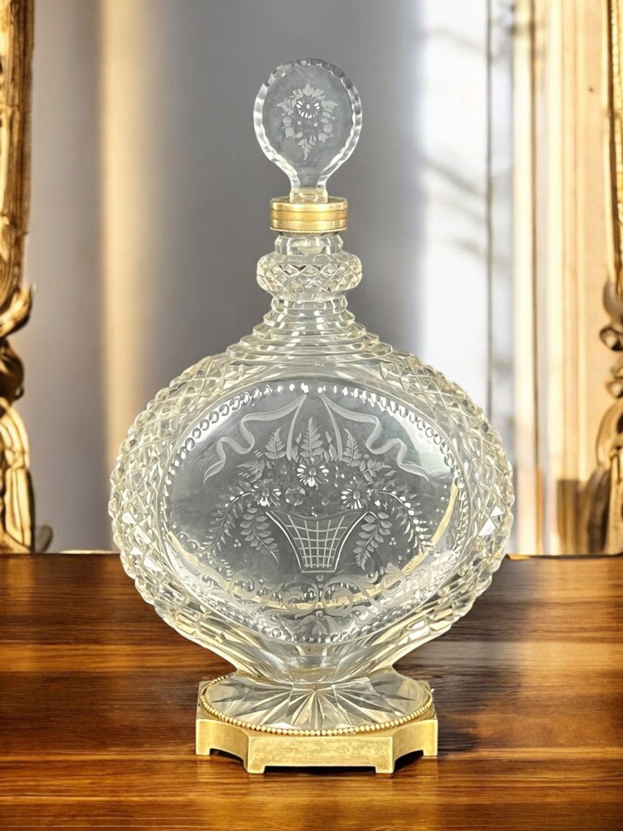 Grande Carafe Victorienne En Verre De Taille Intaglio ( Circa 1890 ) Et Bronze-photo-1