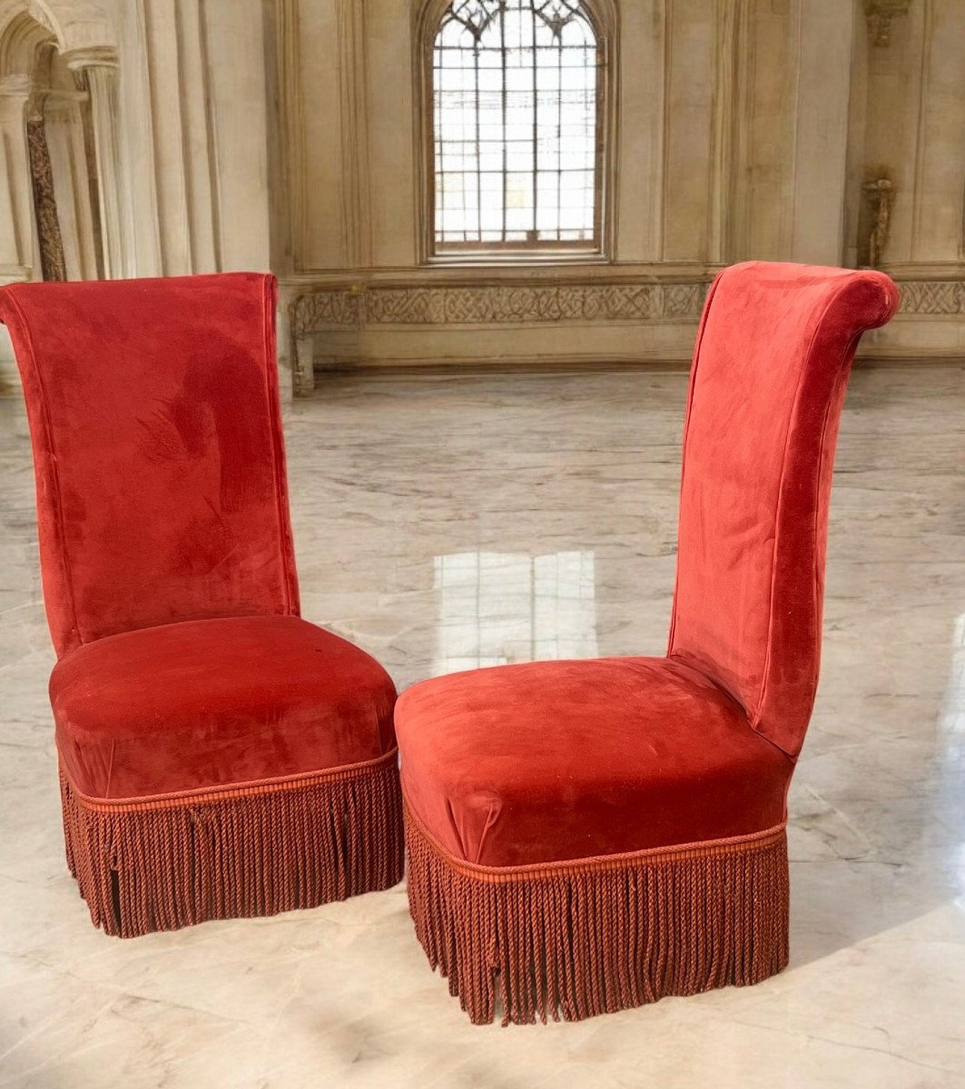 Paire De Chauffeuses Anciennes Style Napoleon III Tapissées d' Un Velours Rouge-photo-4