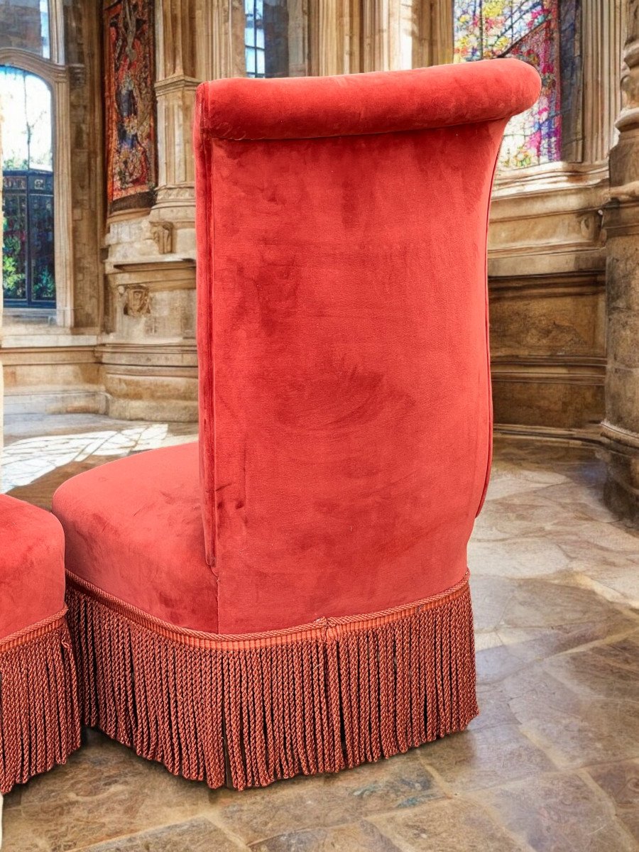 Paire De Chauffeuses Anciennes Style Napoleon III Tapissées d' Un Velours Rouge-photo-4